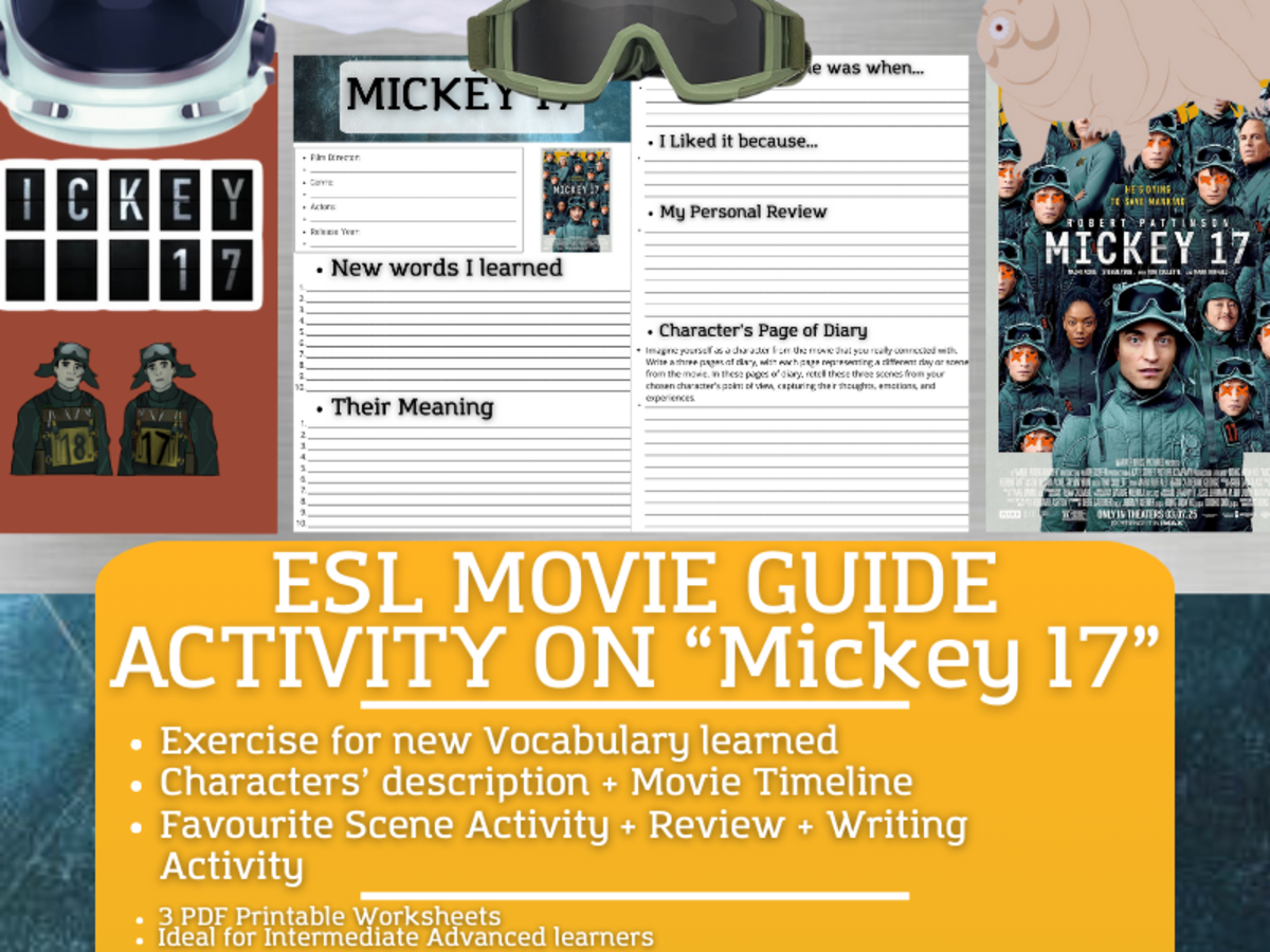 An educational teaching resource from Learning with Alan entitled ESL Movie Guide Worksheets on "Mickey 17" downloadable at Teach Simple.