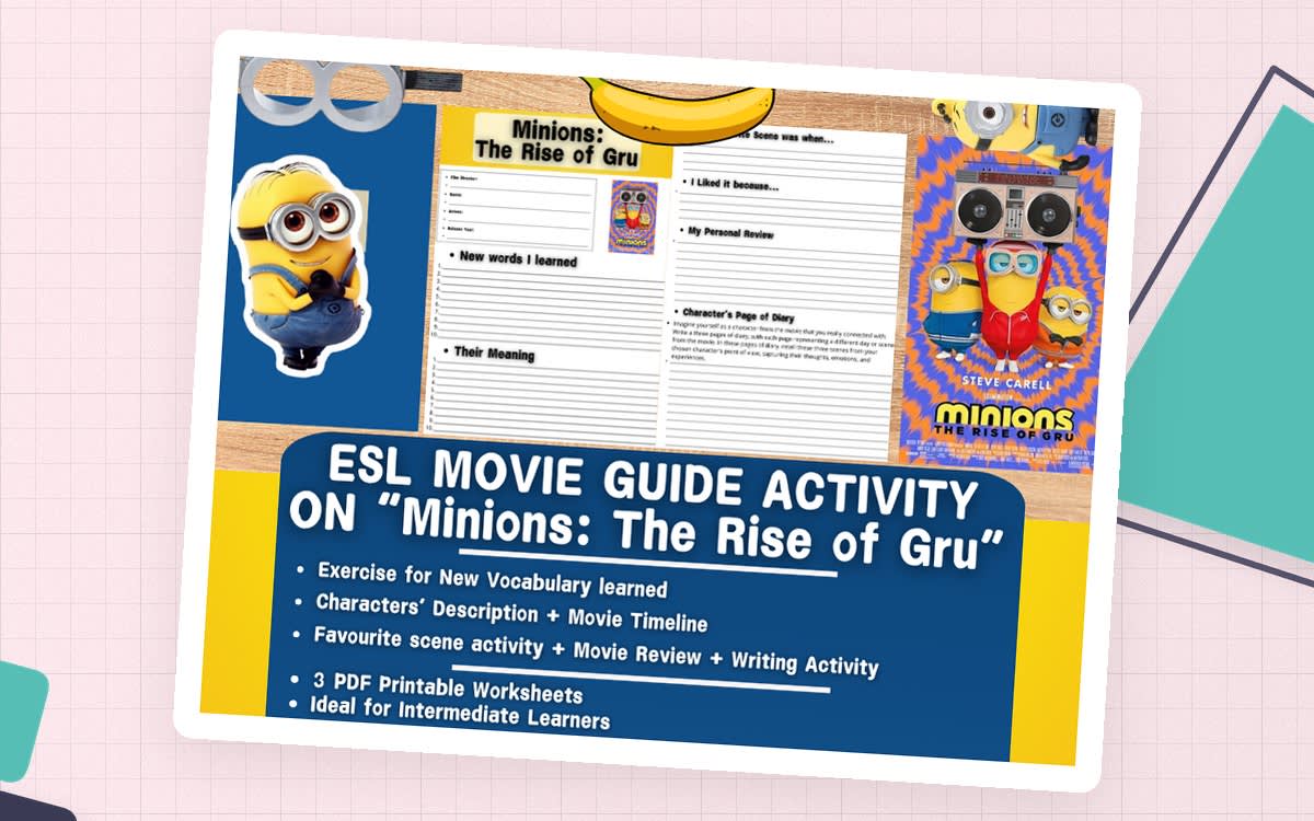 An educational teaching resource from Learning with Alan entitled ESL Movie Guide Worksheets on "Minions: The Rise of Gru" downloadable at Teach Simple.