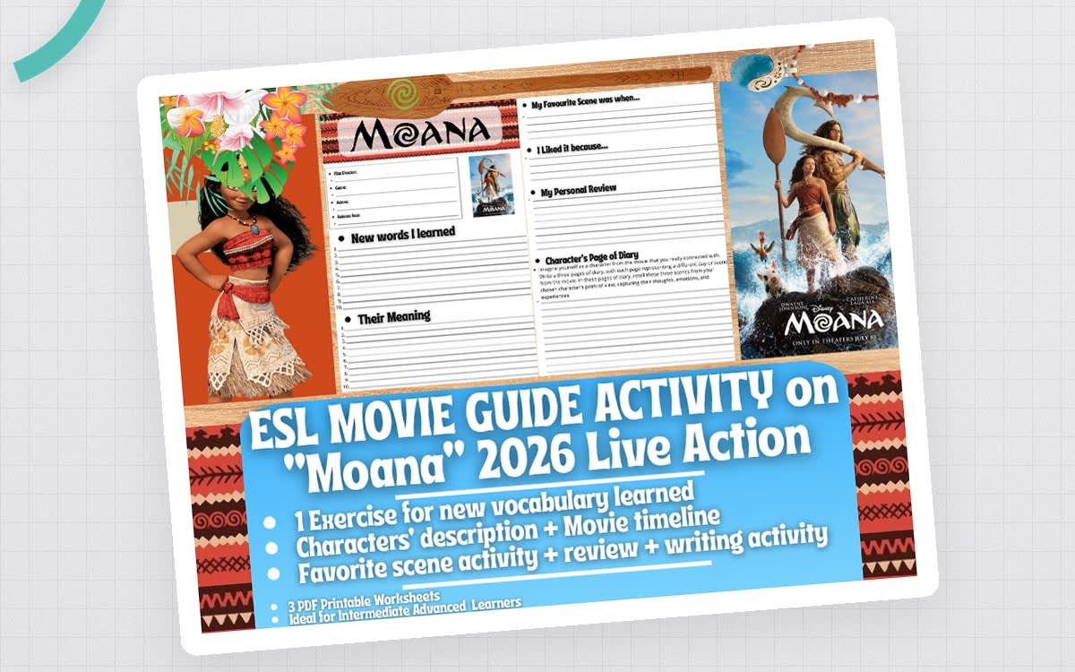 An educational teaching resource from Learning with Alan entitled ESL Movie Guide Worksheets on "Moana" - 2026 Live Action downloadable at Teach Simple.