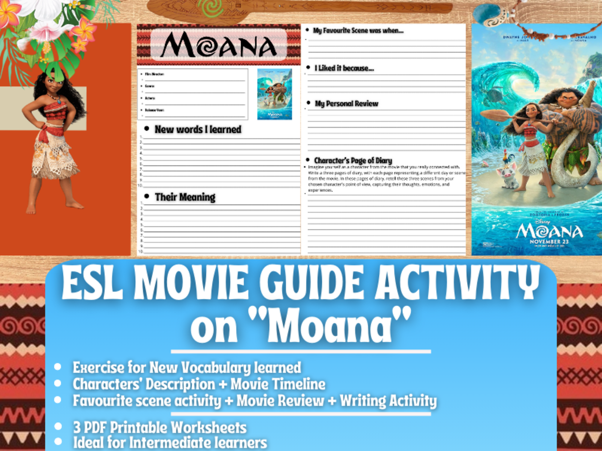 An educational teaching resource from Learning with Alan entitled ESL Movie Guide Worksheets on "Moana" downloadable at Teach Simple.