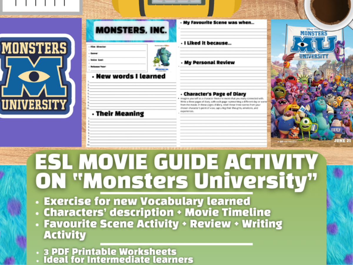 An educational teaching resource from Learning with Alan entitled ESL Movie Guide Worksheets on "Monsters University" downloadable at Teach Simple.