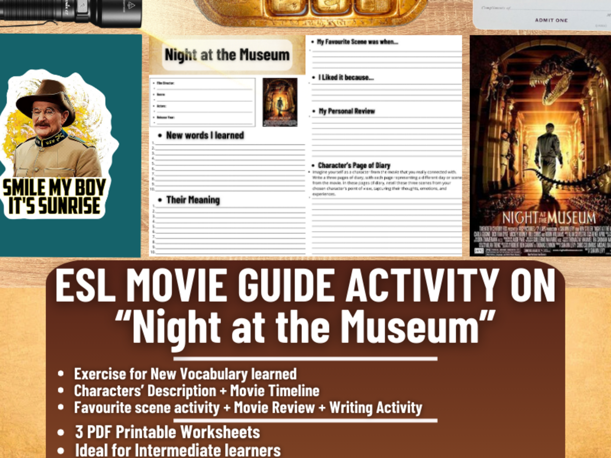 An educational teaching resource from Learning with Alan entitled ESL Movie Guide Worksheets on "Night at the Museum" downloadable at Teach Simple.