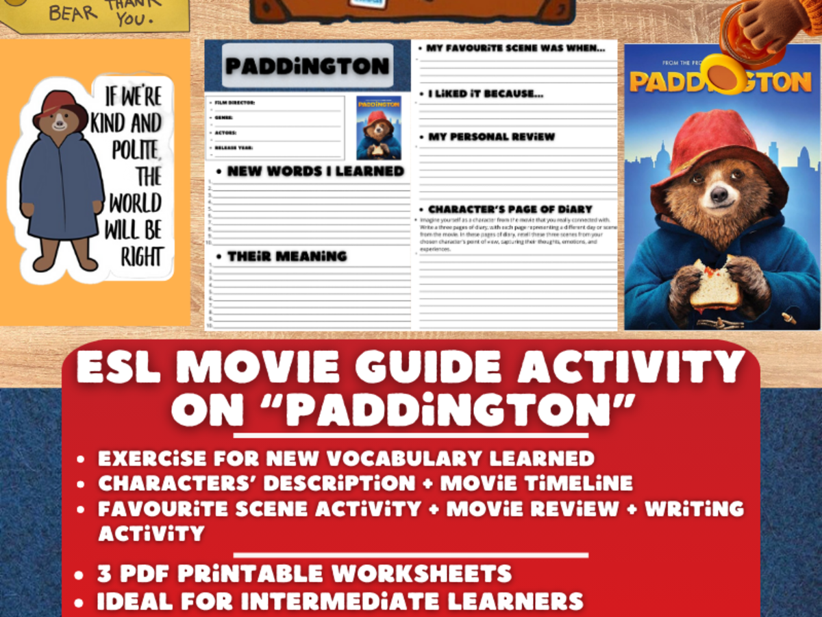 An educational teaching resource from Learning with Alan entitled ESL Movie Guide Worksheets on "Paddington" downloadable at Teach Simple.