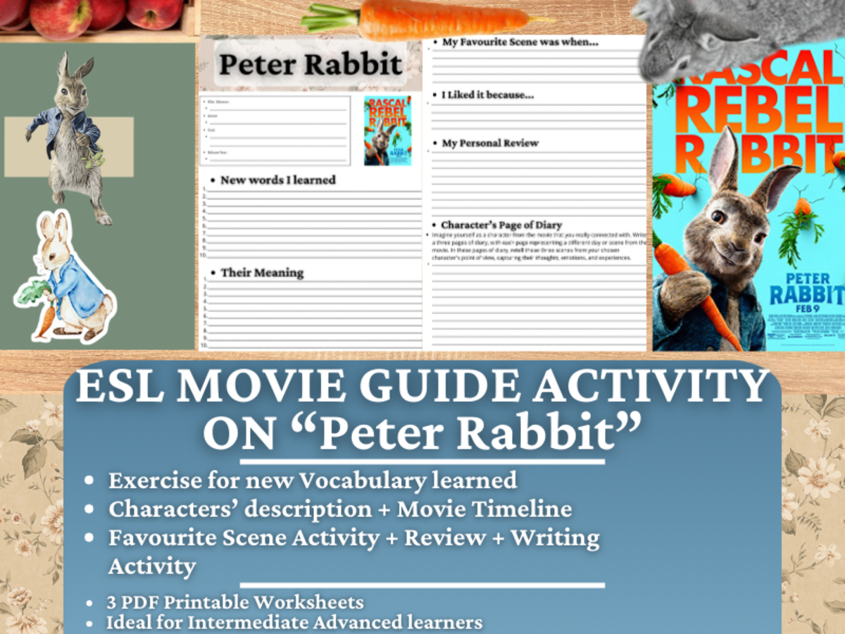 An educational teaching resource from Learning with Alan entitled ESL Movie Guide Worksheets on "Peter Rabbit" downloadable at Teach Simple.