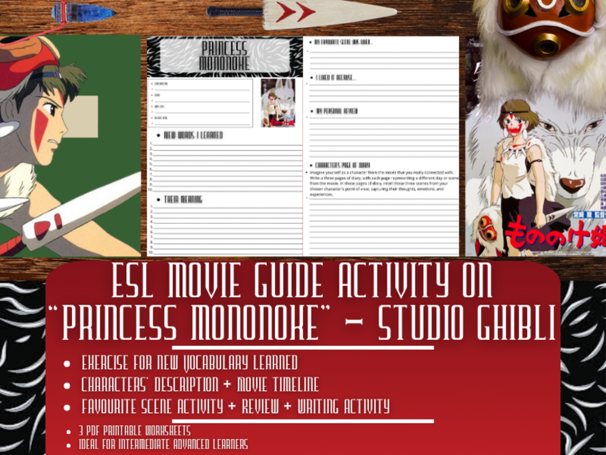 An educational teaching resource from Learning with Alan entitled ESL Movie Guide Worksheets on "Princess Mononoke" - Studio Ghibli downloadable at Teach Simple.