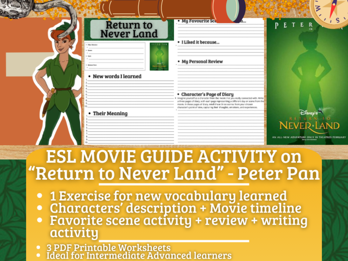 An educational teaching resource from Learning with Alan entitled ESL Movie Guide Worksheets on "Return to Never Land" - Peter Pan downloadable at Teach Simple.