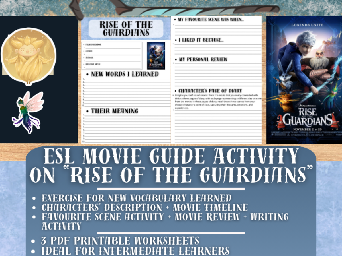 An educational teaching resource from Learning with Alan entitled ESL Movie Guide Worksheets on "Rise of the Guardians" downloadable at Teach Simple.