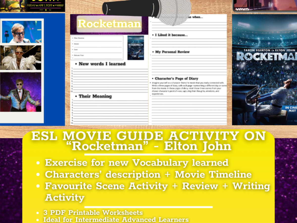 An educational teaching resource from Learning with Alan entitled ESL Movie Guide Worksheets on Rocketman - Elton John downloadable at Teach Simple.