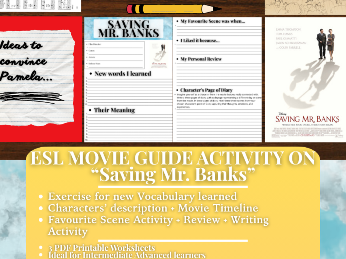 An educational teaching resource from Learning with Alan entitled ESL Movie Guide Worksheets on "Saving Mr. Banks" - Mary Poppins downloadable at Teach Simple.