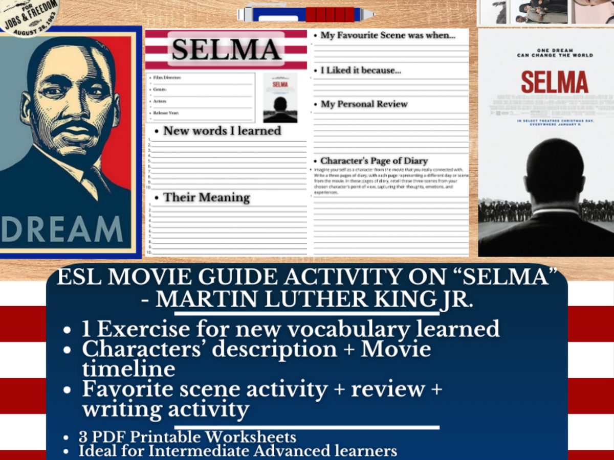 An educational teaching resource from Learning with Alan entitled ESL Movie Guide Worksheets on "Selma" - Martin Luther King downloadable at Teach Simple.