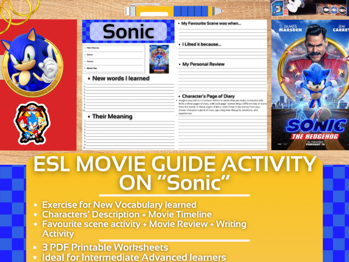 An educational teaching resource from Learning with Alan entitled ESL Movie Guide Worksheets on Sonic downloadable at Teach Simple.