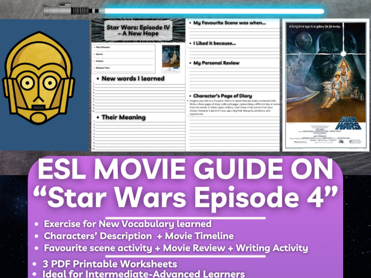An educational teaching resource from Learning with Alan entitled ESL Movie Guide Worksheets on "Star Wars Episode 4: A New Hope" downloadable at Teach Simple.