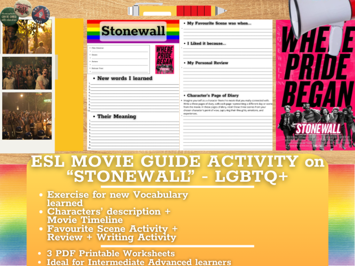 An educational teaching resource from Learning with Alan entitled ESL Movie Guide Worksheets on "Stonewall" - LGBTQ+ downloadable at Teach Simple.