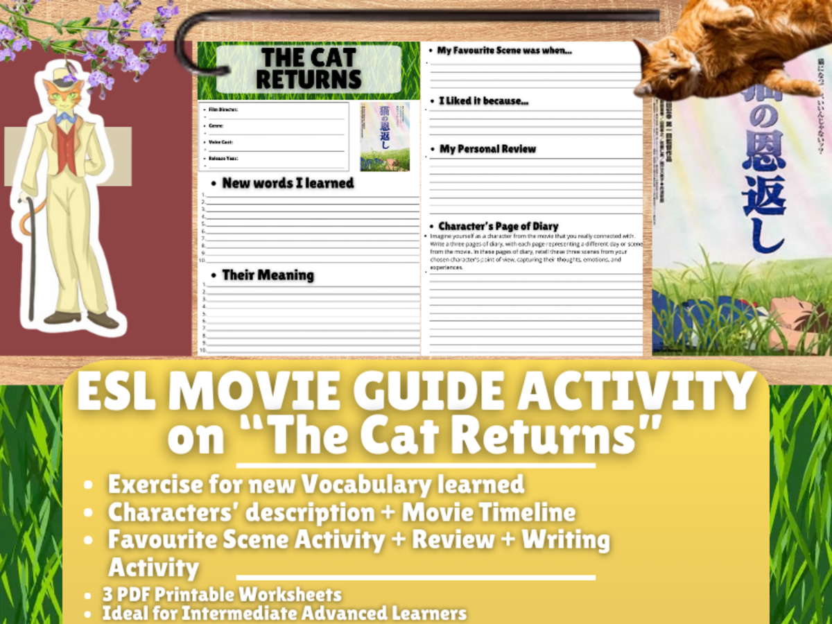 An educational teaching resource from Learning with Alan entitled ESL Movie Guide Worksheets on "The Cat Returns" - Studio Ghibli downloadable at Teach Simple.