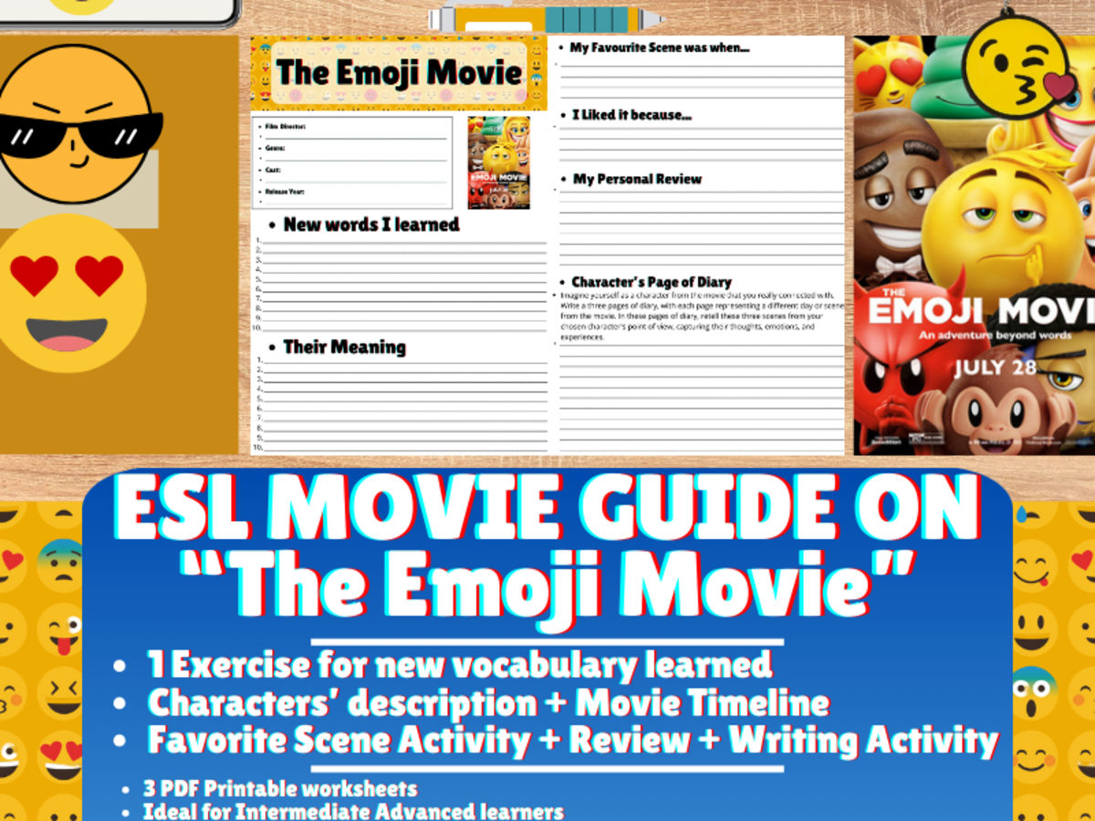 An educational teaching resource from Learning with Alan entitled ESL Movie Guide Worksheets on "The Emoji Movie" downloadable at Teach Simple.