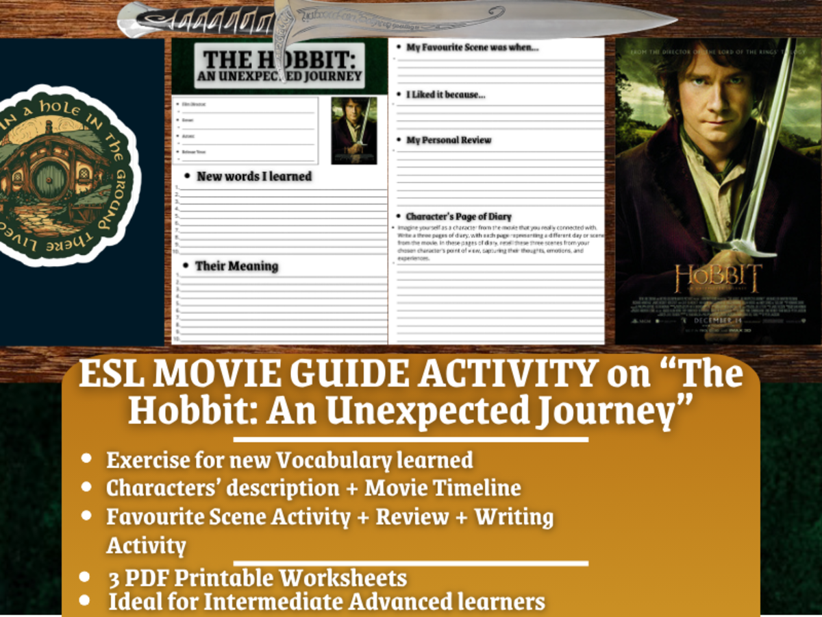 An educational teaching resource from Learning with Alan entitled ESL Movie Guide Worksheets on "The Hobbit: An Unexpected Journey" downloadable at Teach Simple.
