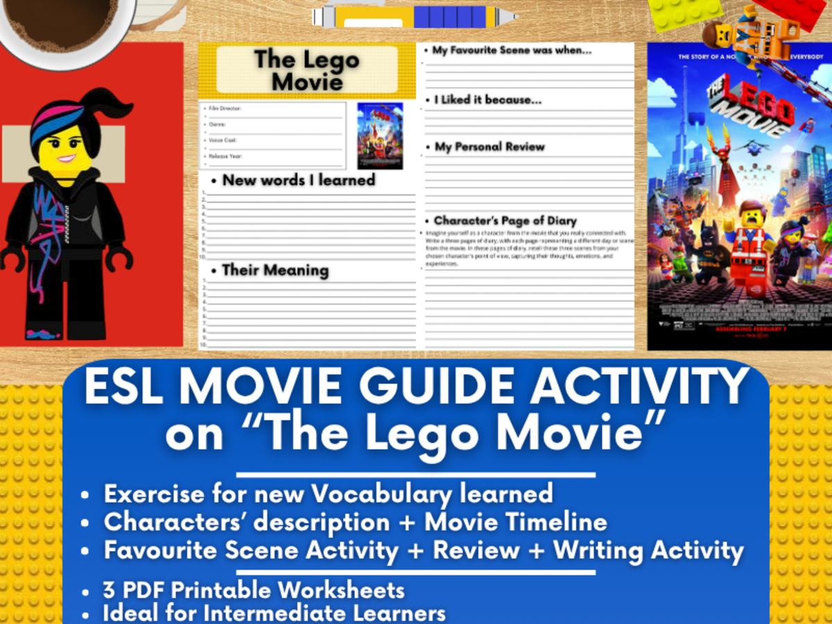 An educational teaching resource from Learning with Alan entitled ESL Movie Guide Worksheets on "The Lego Movie" downloadable at Teach Simple.