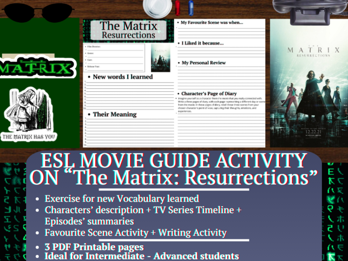 An educational teaching resource from Learning with Alan entitled ESL Movie Guide Worksheets on "The Matrix: Resurrections" downloadable at Teach Simple.