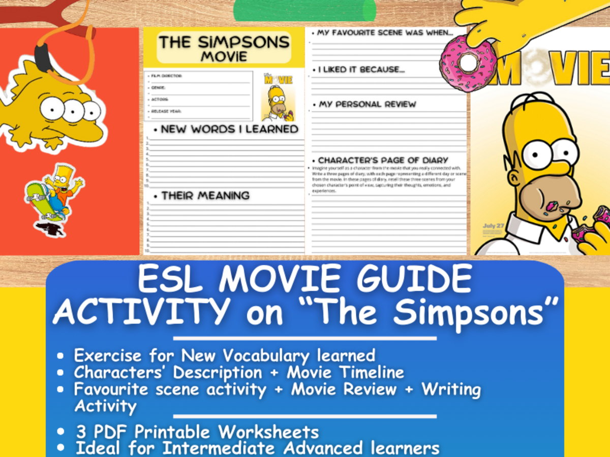 An educational teaching resource from Learning with Alan entitled ESL Movie Guide Worksheets on "The Simpsons Movie" downloadable at Teach Simple.