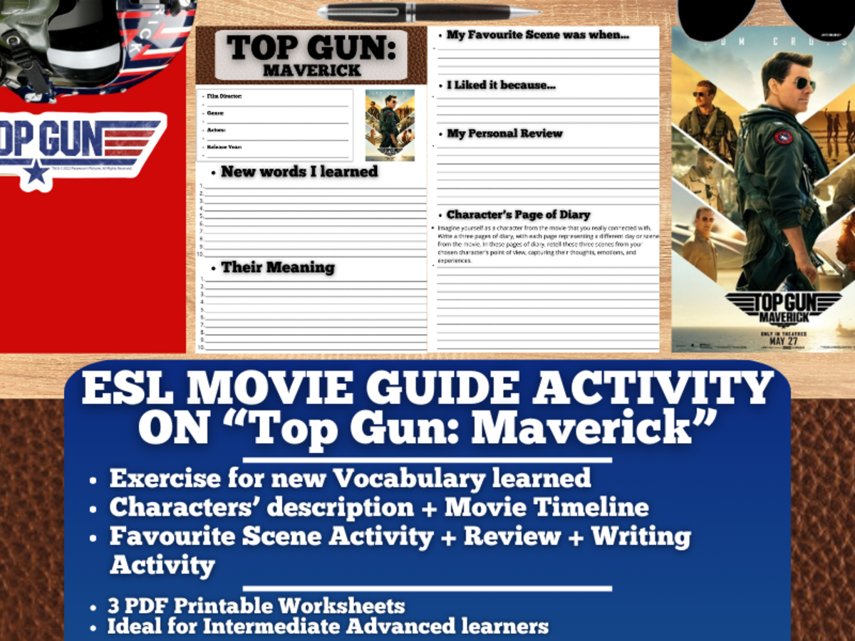 An educational teaching resource from Learning with Alan entitled ESL Movie Guide Worksheets on "Top Gun: Maverick" downloadable at Teach Simple.
