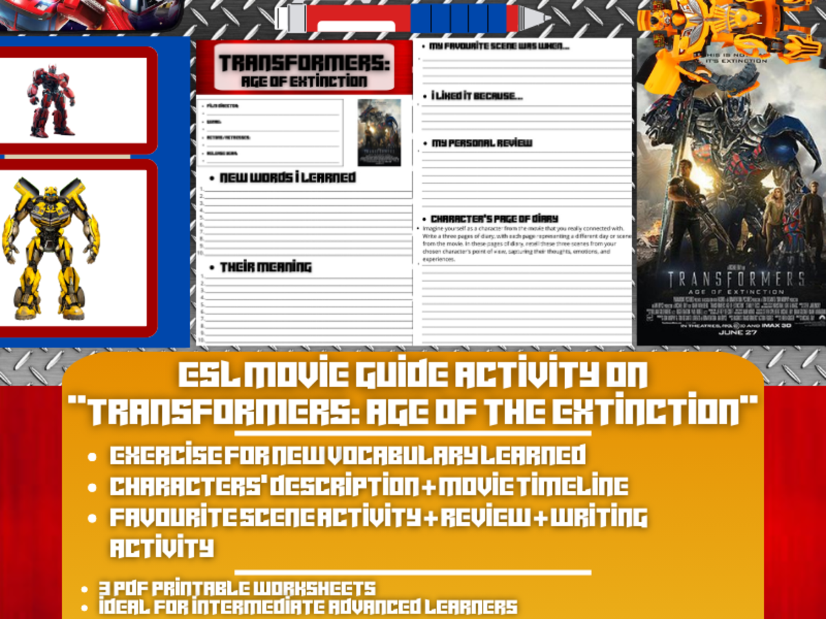 An educational teaching resource from Learning with Alan entitled ESL Movie Guide Worksheets on "Transformers: Age of Extinction" downloadable at Teach Simple.