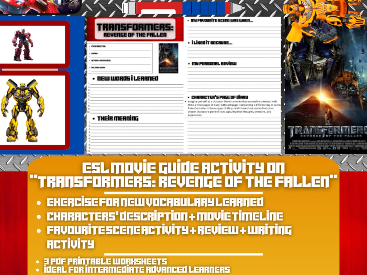 An educational teaching resource from Learning with Alan entitled ESL Movie Guide Worksheets on "Transformers: Revenge of The Fallen" downloadable at Teach Simple.