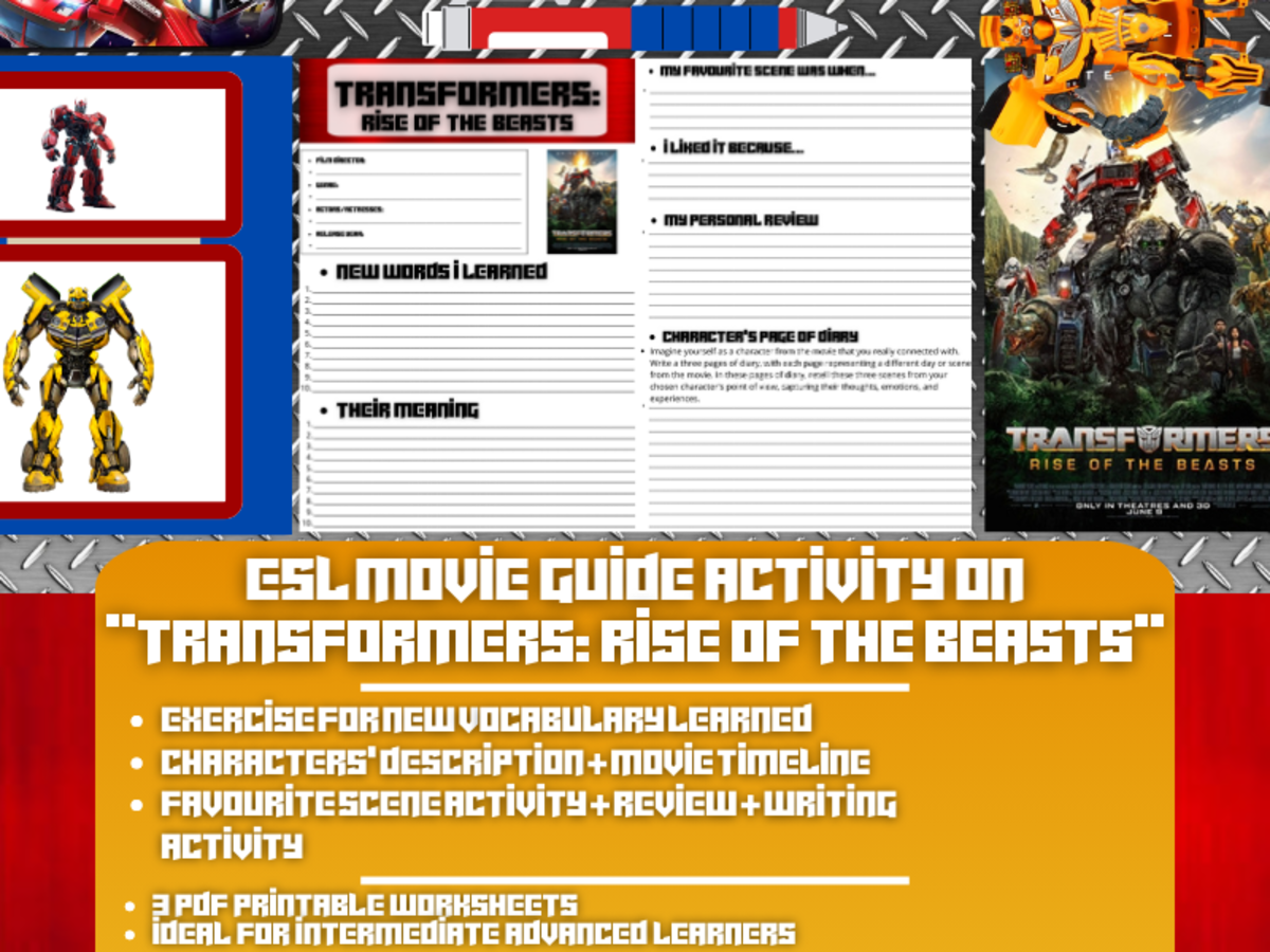 An educational teaching resource from Learning with Alan entitled ESL Movie Guide Worksheets on "Transformers: Rise of the Beasts" downloadable at Teach Simple.