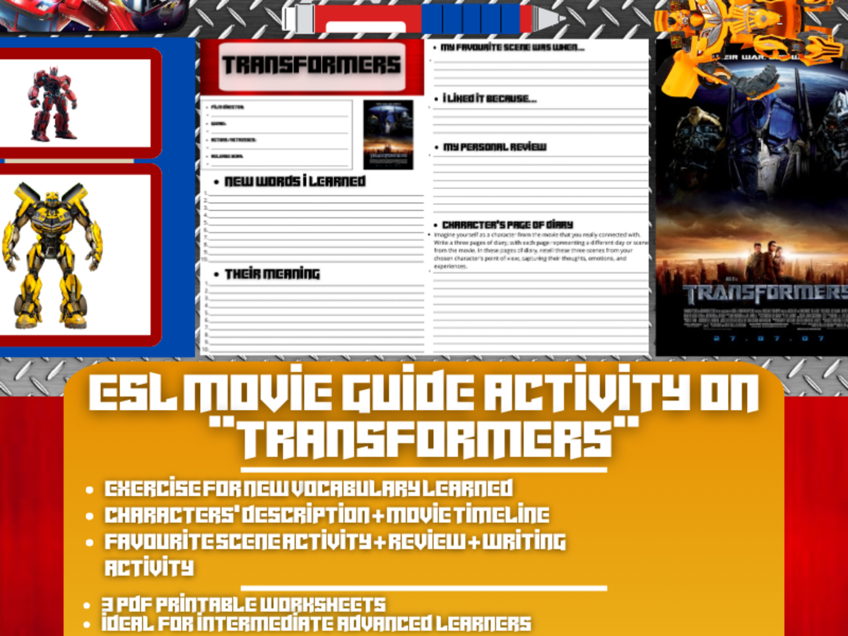 An educational teaching resource from Learning with Alan entitled ESL Movie Guide Worksheets on "Transformers" downloadable at Teach Simple.