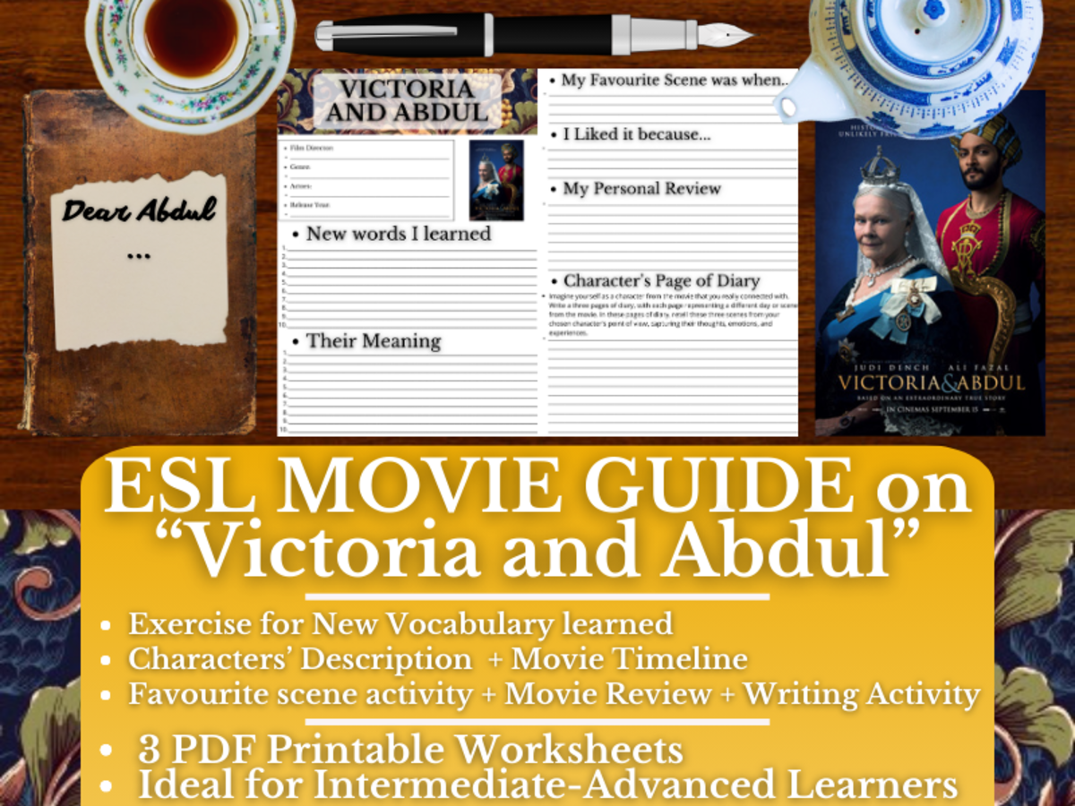 An educational teaching resource from Learning with Alan entitled ESL Movie Guide Worksheets on "Victoria and Abdul" downloadable at Teach Simple.