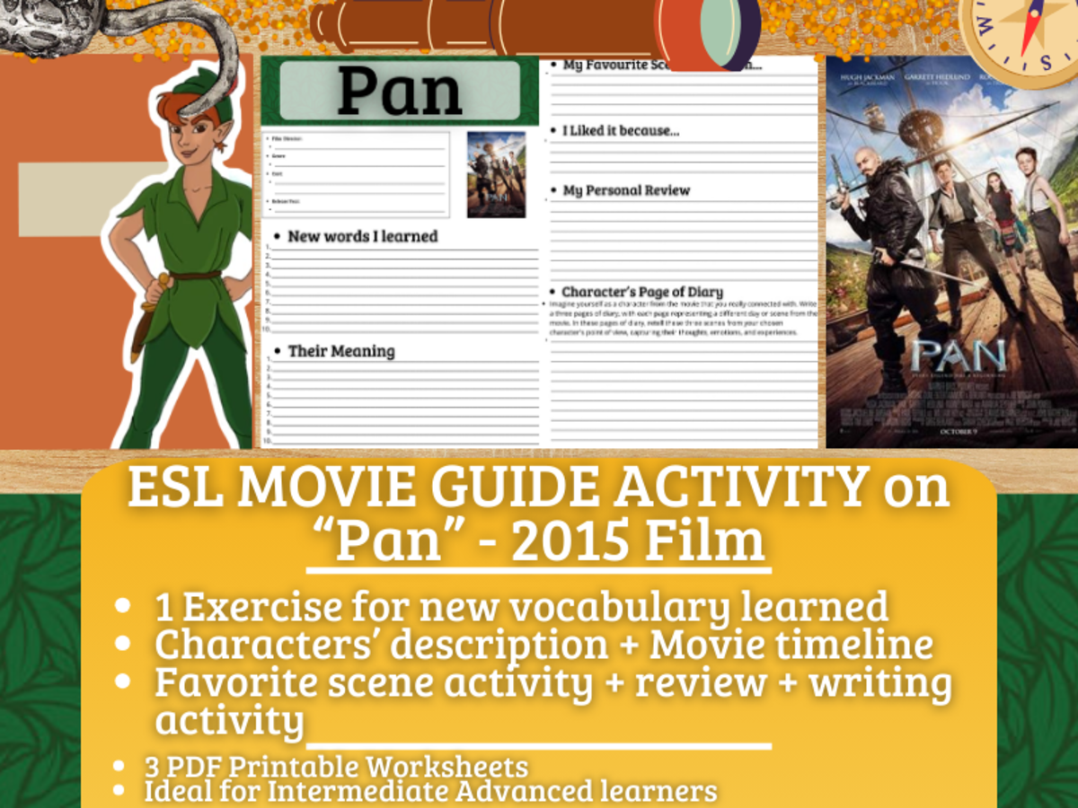 An educational teaching resource from Learning with Alan entitled ESL Movie Guide Worksheets - Pan - 2015 Film on Peter Pan downloadable at Teach Simple.