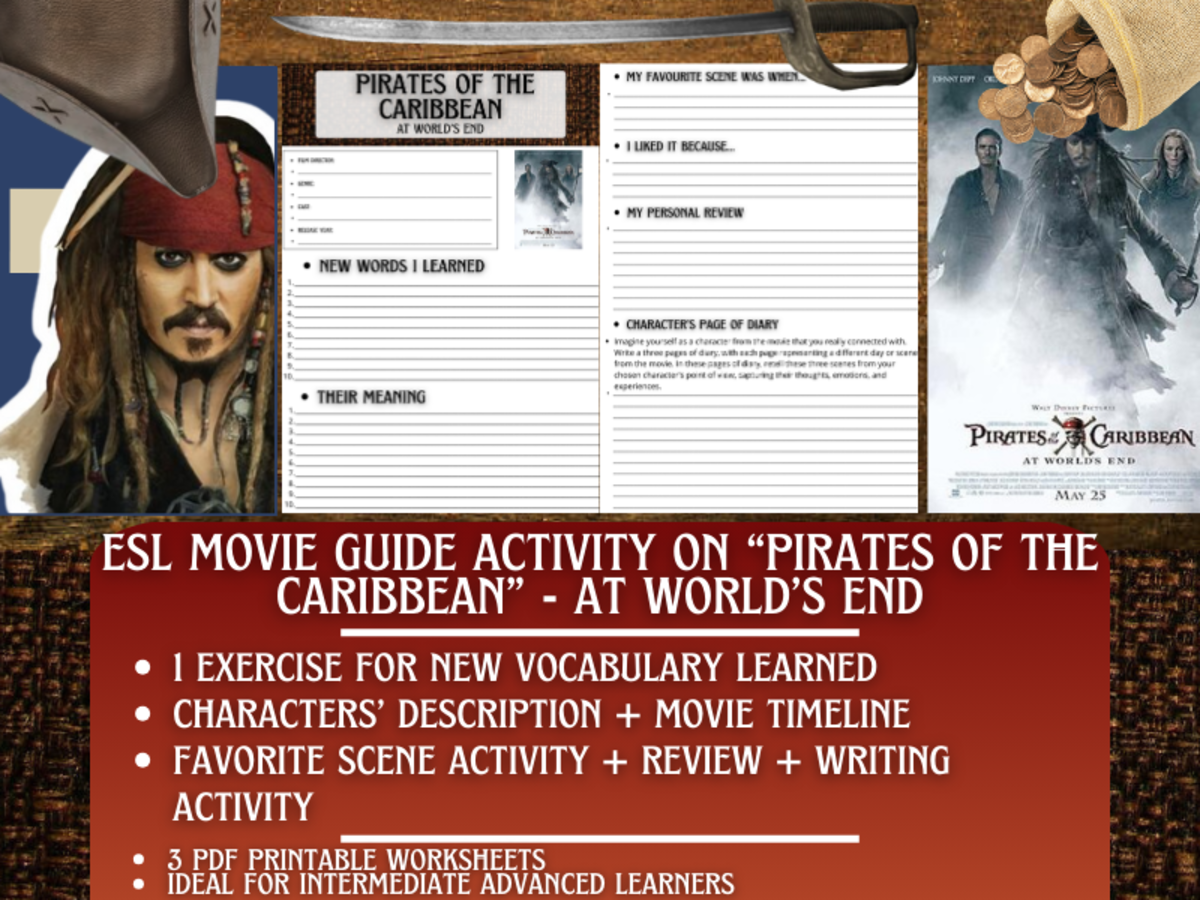 An educational teaching resource from Learning with Alan entitled ESL Movie Guide Worksheets - Pirates of the Caribbean: At World's End downloadable at Teach Simple.