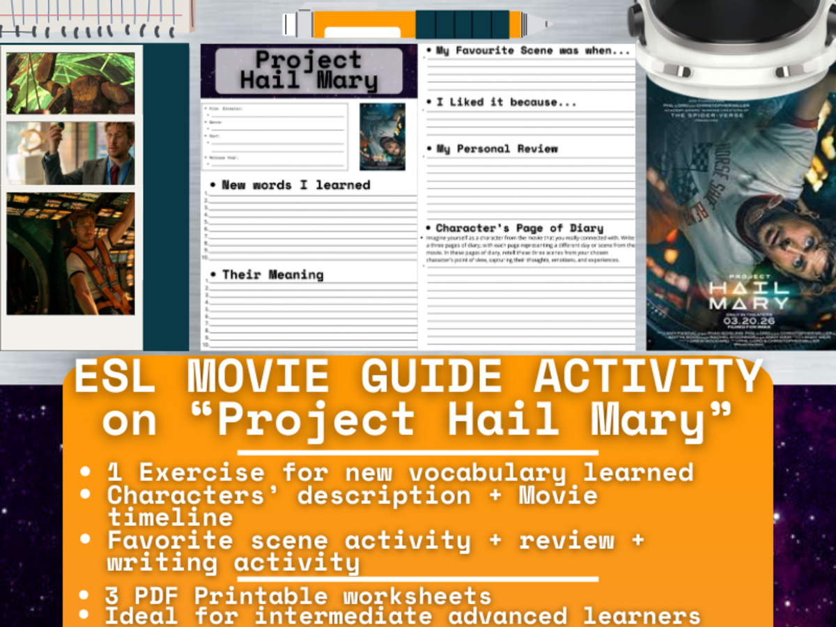 An educational teaching resource from Learning with Alan entitled ESL Movie Guide Worksheets - Project Hail Mary - Science Fiction downloadable at Teach Simple.