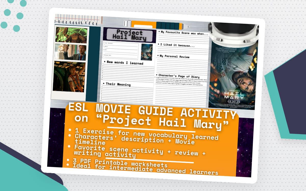 An educational teaching resource from Learning with Alan entitled ESL Movie Guide Worksheets - Project Hail Mary - Science Fiction downloadable at Teach Simple.