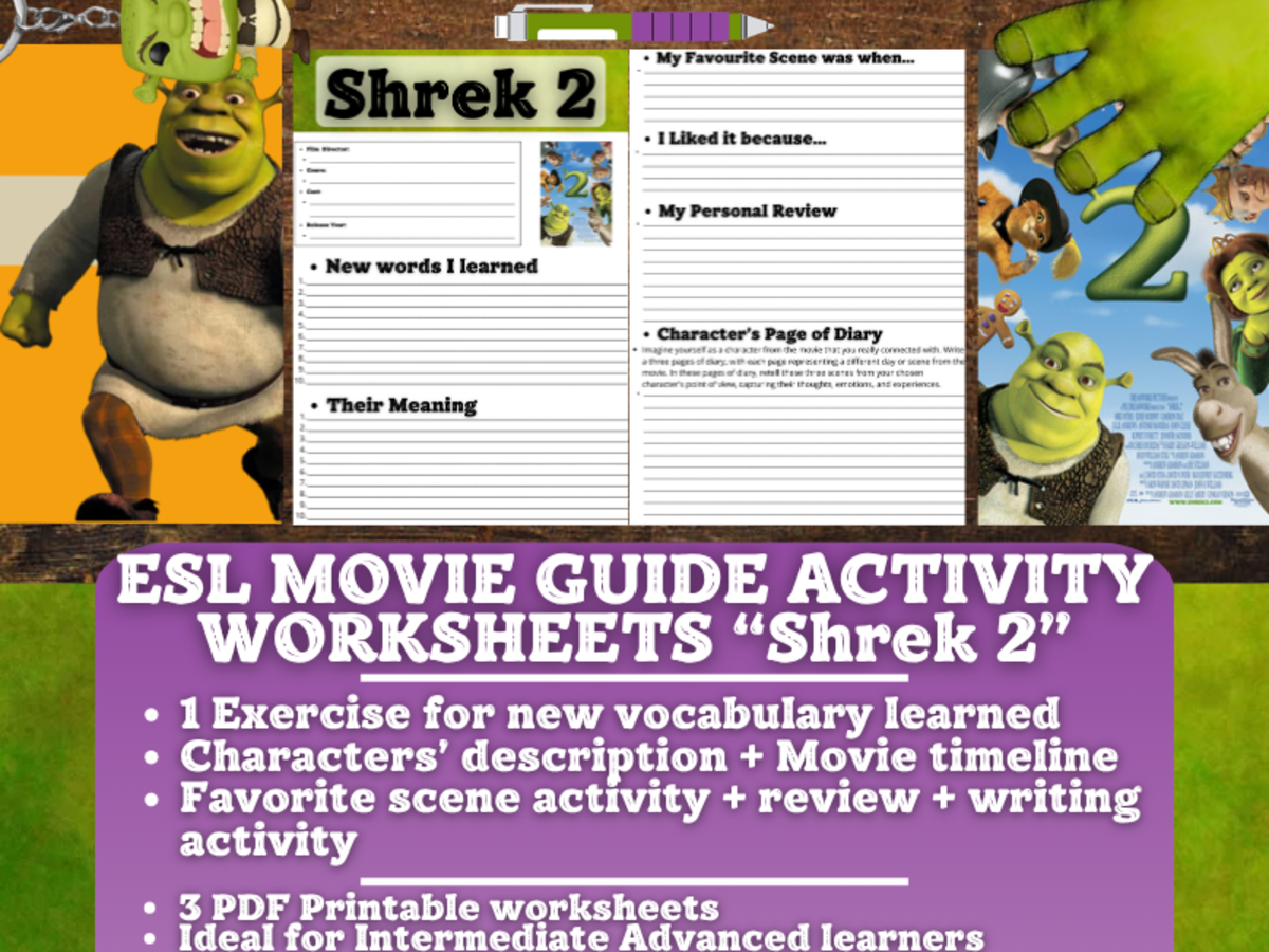 An educational teaching resource from Learning with Alan entitled ESL Movie Guide Worksheets - Shrek 2 downloadable at Teach Simple.