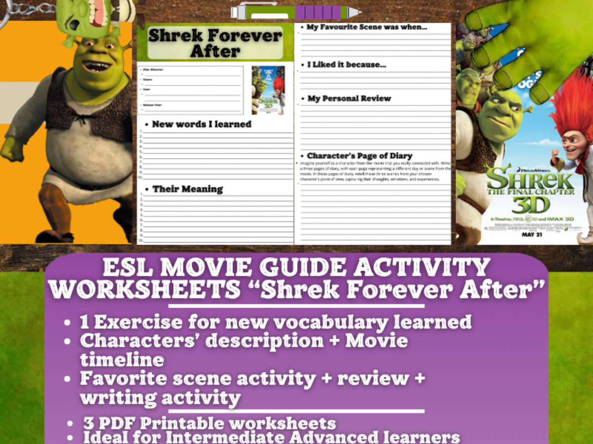 An educational teaching resource from Learning with Alan entitled ESL Movie Guide Worksheets - Shrek Forever After downloadable at Teach Simple.