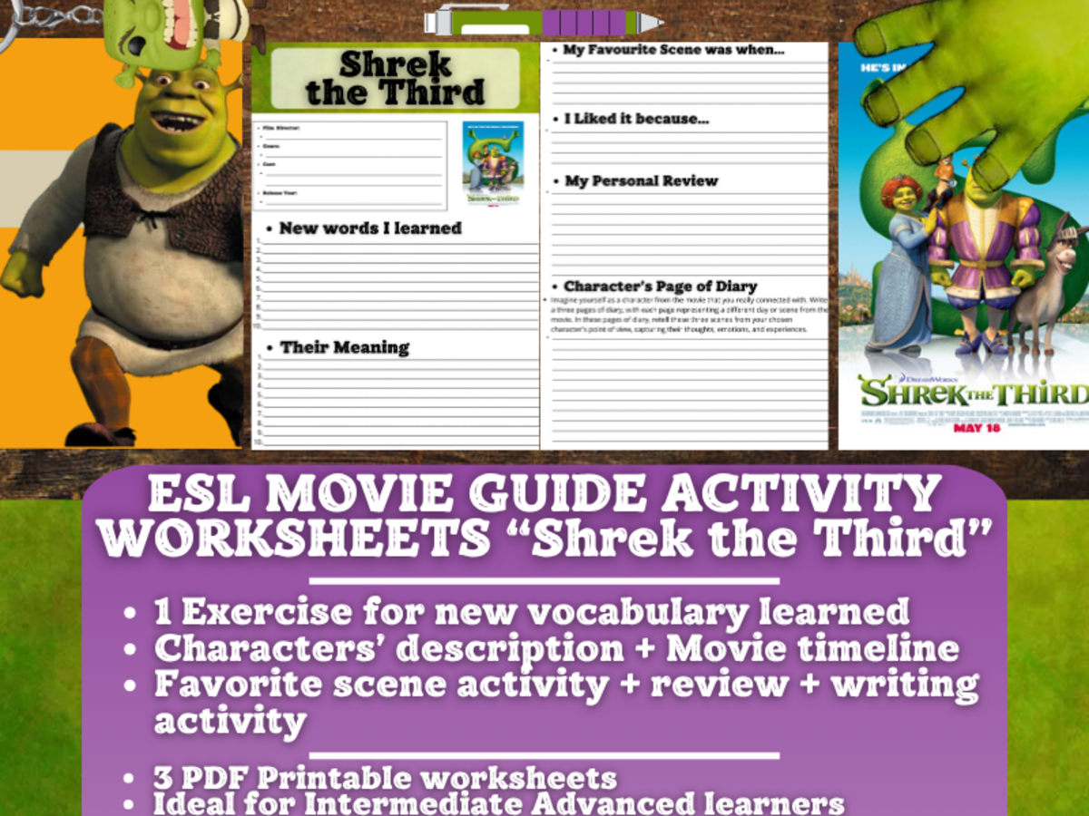 An educational teaching resource from Learning with Alan entitled ESL Movie Guide Worksheets - Shrek the Third downloadable at Teach Simple.