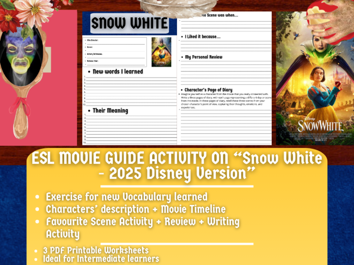 An educational teaching resource from Learning with Alan entitled ESL Movie Guide Worksheets - Snow White - 2025 Disney Version downloadable at Teach Simple.