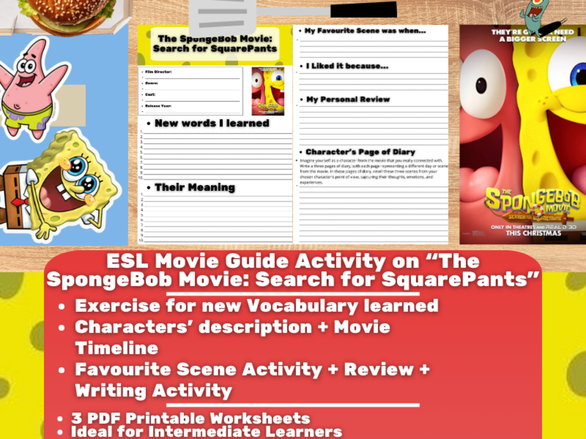 An educational teaching resource from Learning with Alan entitled ESL Movie Guide Worksheets - "SpongeBob Movie: Search for SquarePants" downloadable at Teach Simple.