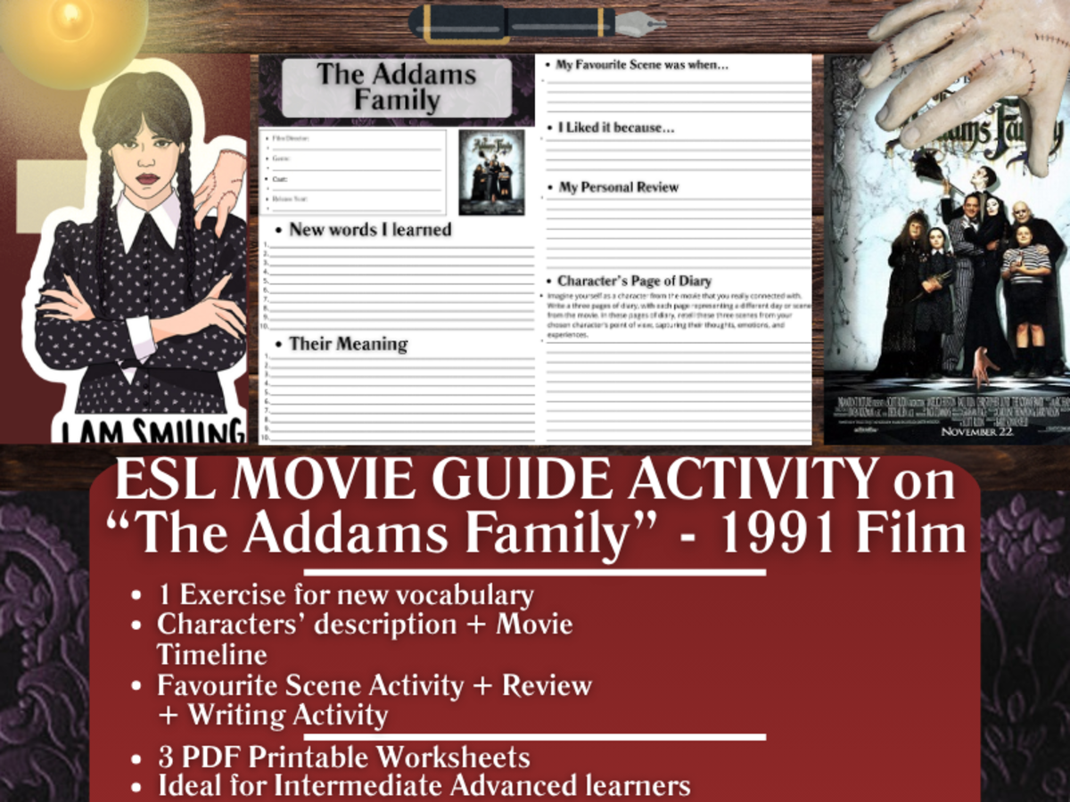 An educational teaching resource from Learning with Alan entitled ESL Movie Guide Worksheets - The Addams Family - 1991 Film downloadable at Teach Simple.