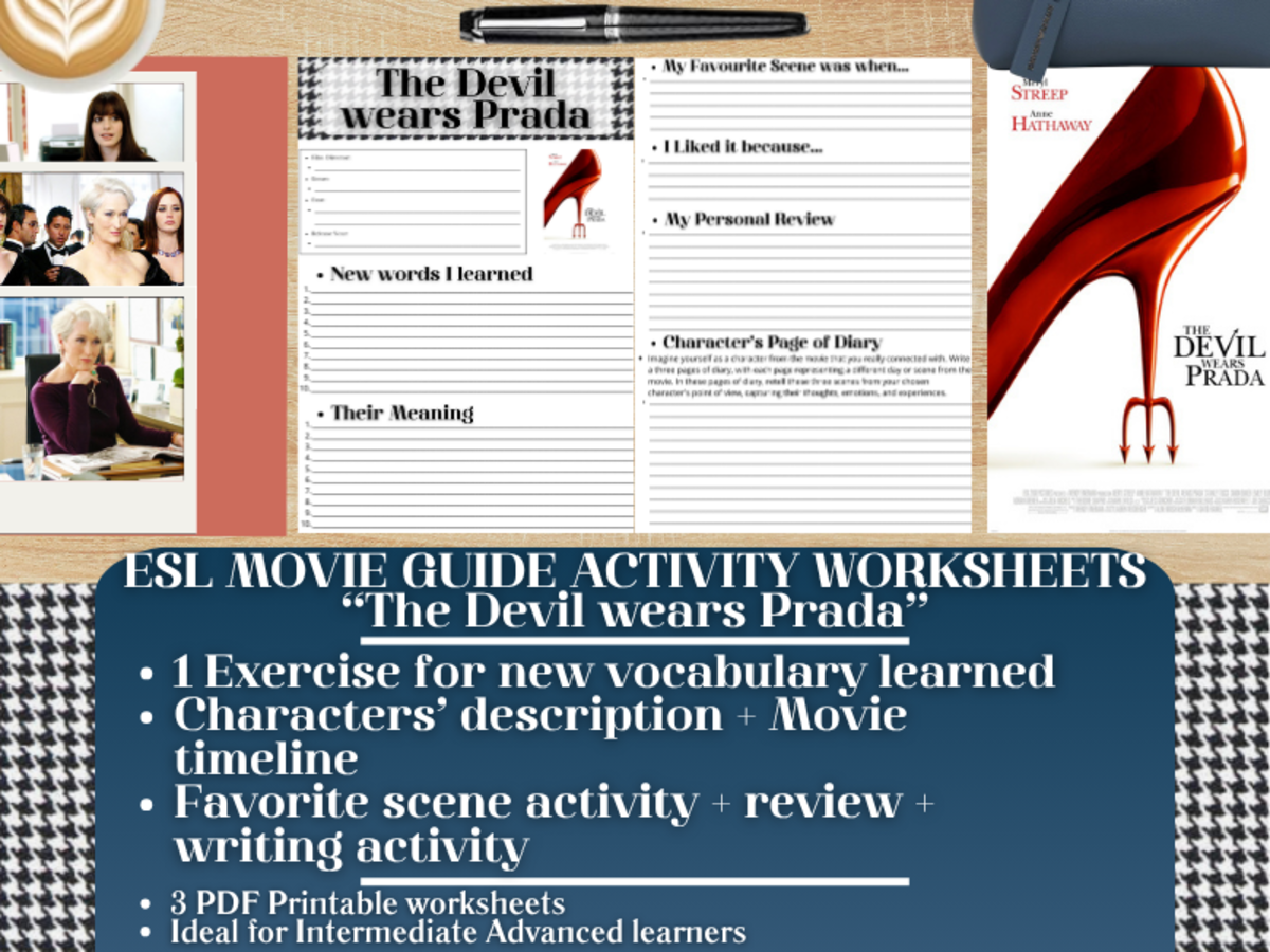 An educational teaching resource from Learning with Alan entitled ESL Movie Guide Worksheets - The Devil wears Prada - Fashion downloadable at Teach Simple.