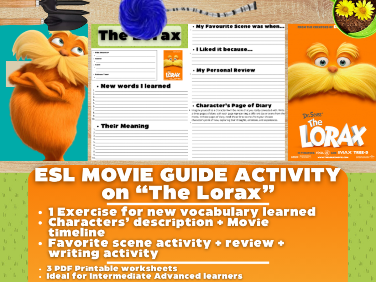 An educational teaching resource from Learning with Alan entitled ESL Movie Guide Worksheets - The Lorax - Dr. Seuss downloadable at Teach Simple.