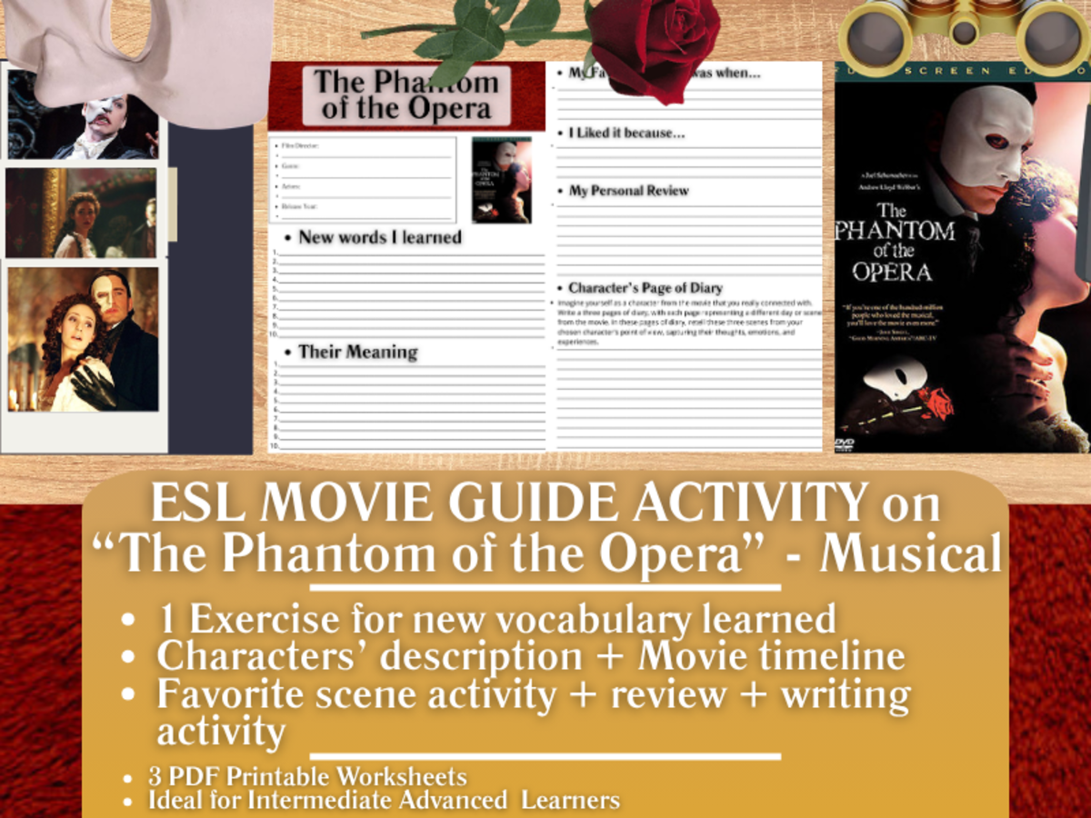 An educational teaching resource from Learning with Alan entitled ESL Movie Guide Worksheets - The Phantom of the Opera downloadable at Teach Simple.