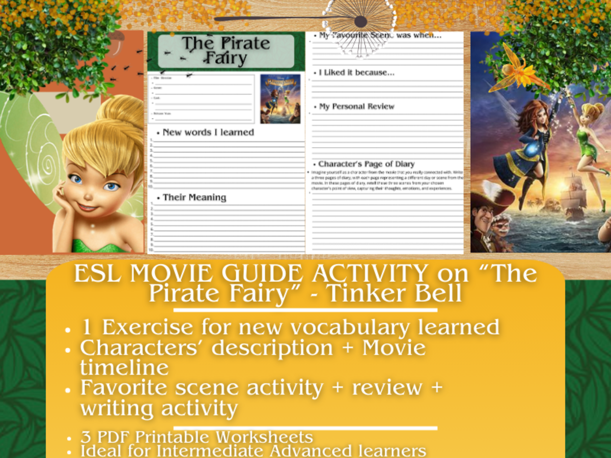 An educational teaching resource from Learning with Alan entitled ESL Movie Guide Worksheets - The Pirate Fairy - Tinker Bell downloadable at Teach Simple.