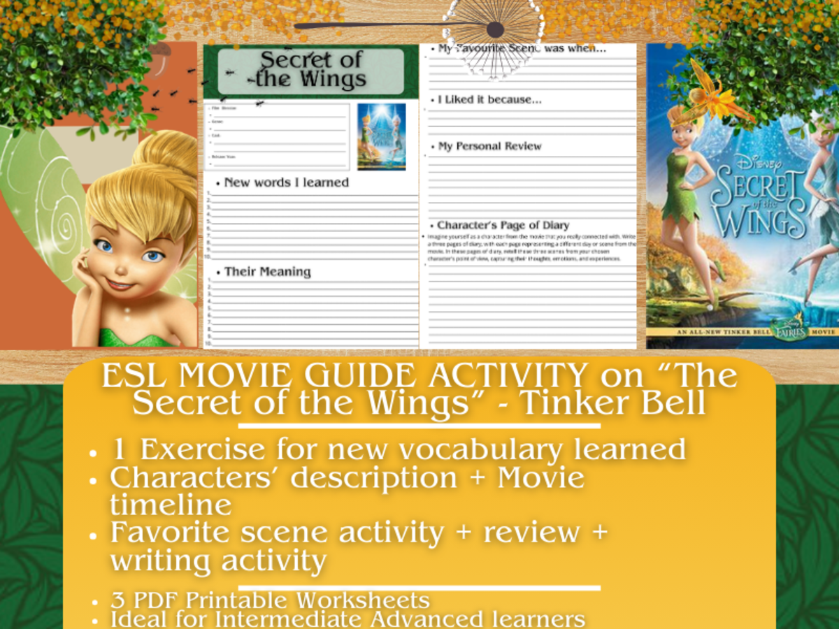 An educational teaching resource from Learning with Alan entitled ESL Movie Guide Worksheets - The Secreet of the Wings - Tinker Bell downloadable at Teach Simple.