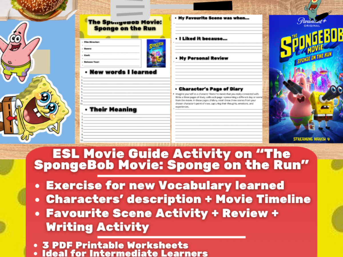 An educational teaching resource from Learning with Alan entitled ESL Movie Guide Worksheets - The Spongebob Movie: Sponge on the Run downloadable at Teach Simple.
