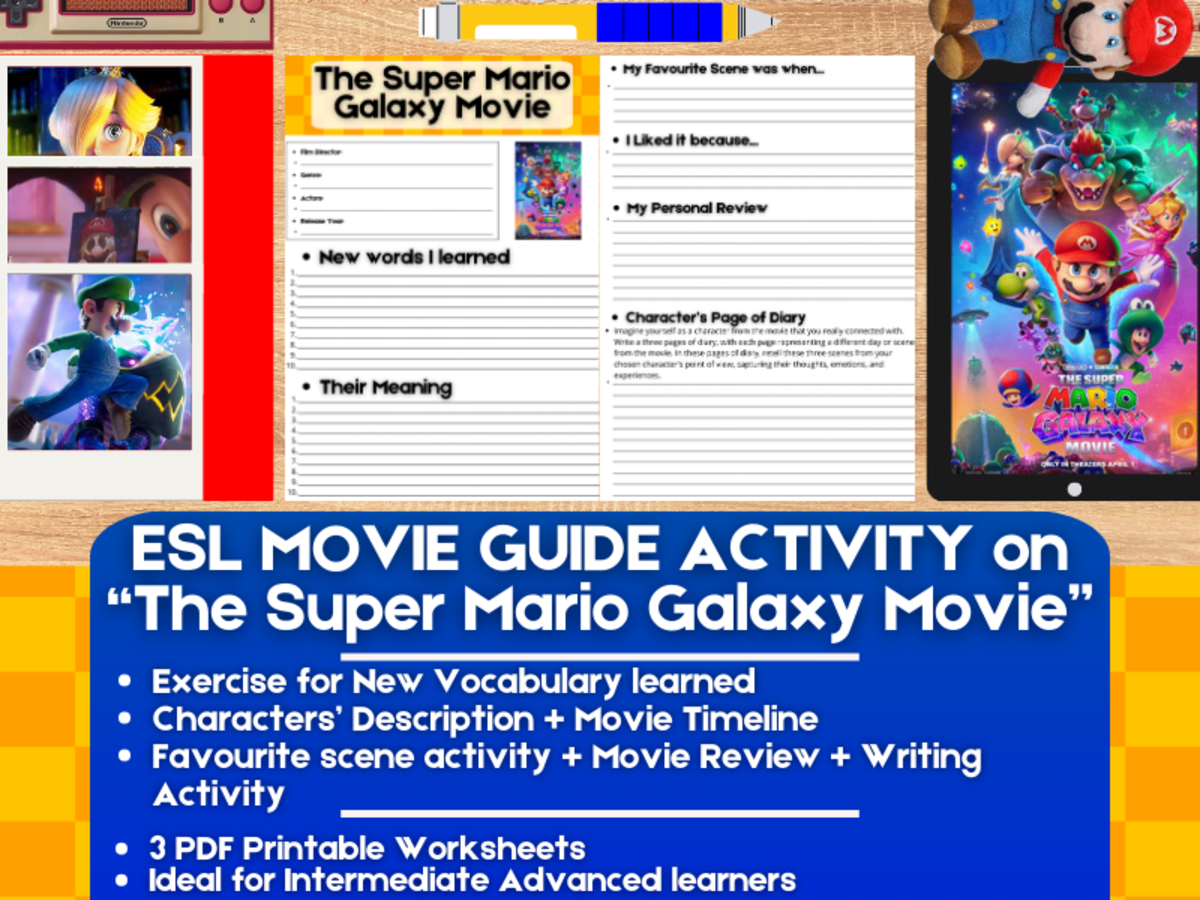An educational teaching resource from Learning with Alan entitled ESL Movie Guide Worksheets - The Super Mario Galaxy Movie downloadable at Teach Simple.