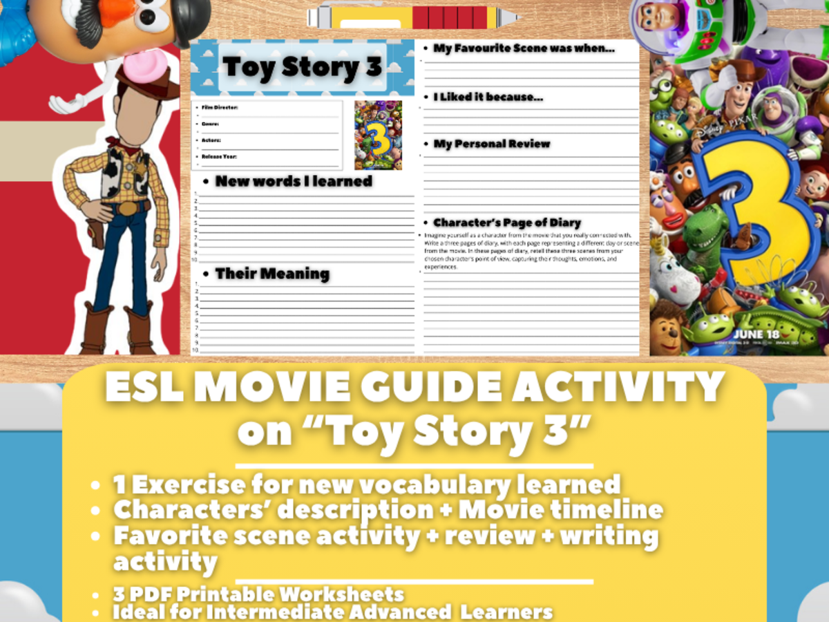 An educational teaching resource from Learning with Alan entitled ESL Movie Guide Worksheets - Toy Story 3 downloadable at Teach Simple.