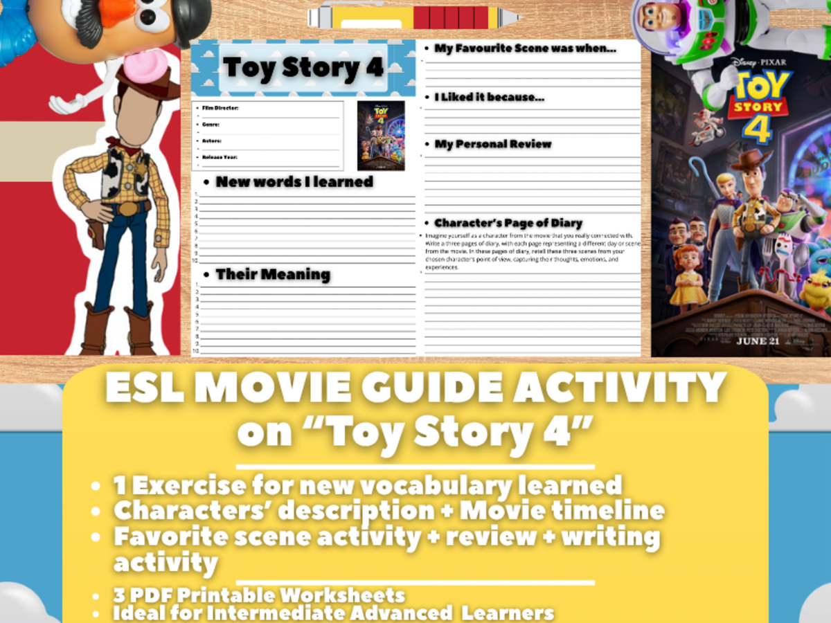 An educational teaching resource from Learning with Alan entitled ESL Movie Guide Worksheets - Toy Story 4 downloadable at Teach Simple.