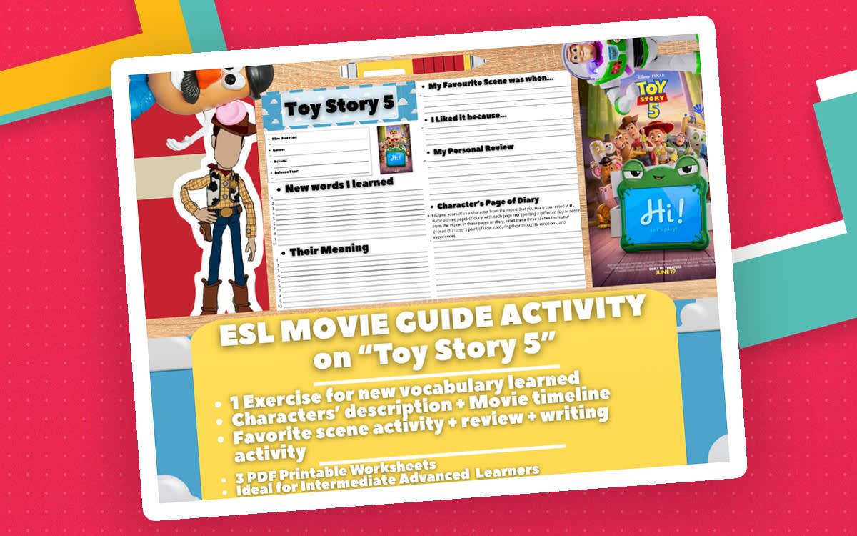 An educational teaching resource from Learning with Alan entitled ESL Movie Guide Worksheets - Toy Story 5 downloadable at Teach Simple.