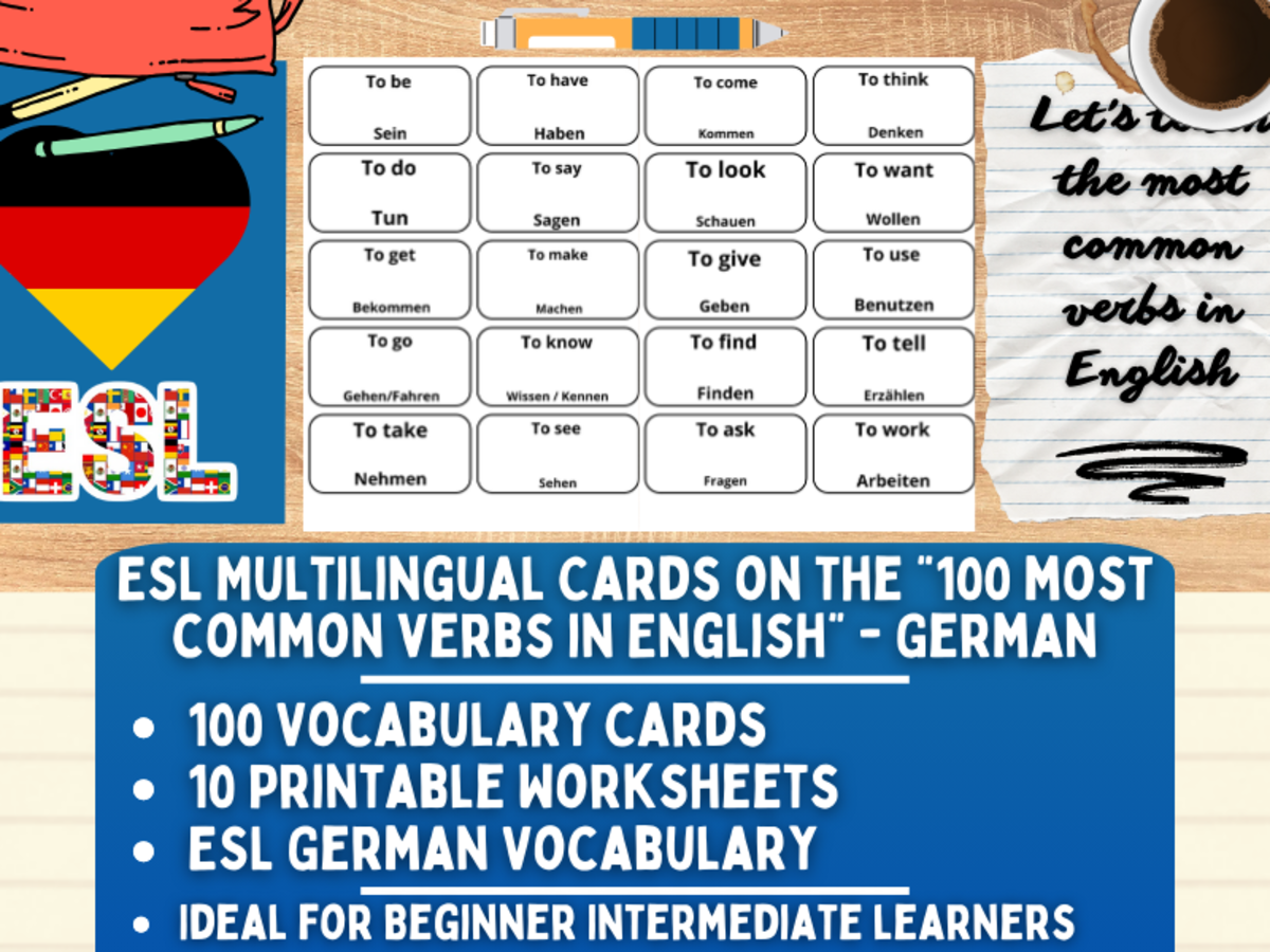 An educational teaching resource from Learning with Alan entitled ESL Multilingual Vocabulary Flashcard - 100 most common verbs - German downloadable at Teach Simple.